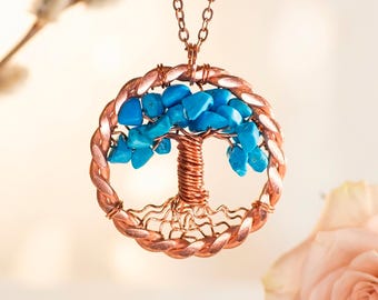 9th Anniversary Gift for Her, Willow Tree of Life Necklace, Blue Turquoise Copper Pendant
