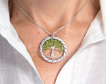 Tree of Life Peridot Pendant, 10th Anniversary Aluminum Gift