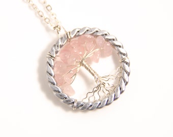 Tin Anniversary Tree of Life Rose Quartz Pendant, Wire Wrapped Jewelry