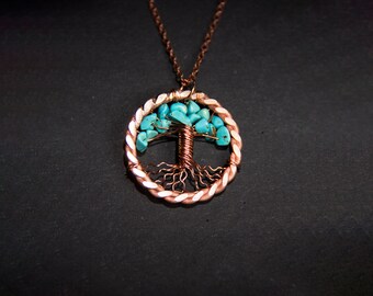 Koperen levensboomketting, turkooizen steen, draadverjaardagscadeau