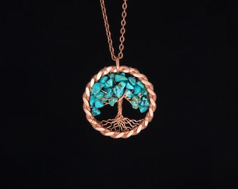 Copper Turquoise Tree of Life Necklace - 7th Anniversary Gift