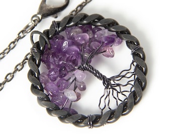 Iron Anniversary Tree of Life Pendant with Amethyst Stone, Blued Steel, 6th Wedding Anniversary Gift, Personalized Steel Jewelry for Her