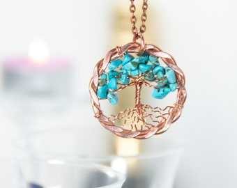 Artisan Kupfer Baum des Lebens Halskette, 7. Jahrestag Geschenk für Frau, Mutige Türkis-Anhänger, einzigartiger siebter Hochzeitstag