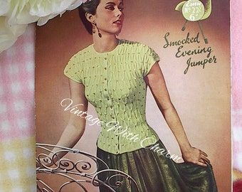 Vintage 1950's Knitting Pattern Lady's Smocked Evening Jumper. Two Sizes, To Fit A 34 & 37 Bust
