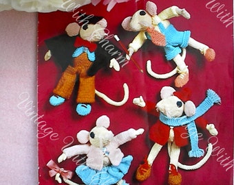 Vintage Knitting Pattern Toy 4 Mice Friends In Clothes PDF