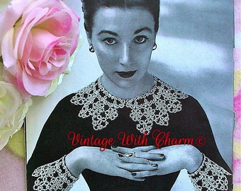 Vintage 1950s Tatting Pattern PDF For Lady's Exquisite Lace Collar & Cuff Set.