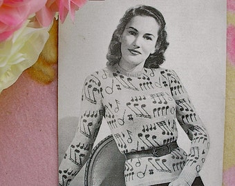 Vintage Knitting Pattern Lady's 'Music' Fair Isle Jumper. Fit 33" Bust.