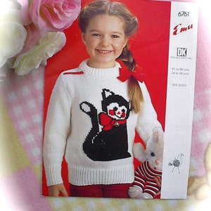 Vintage Knitting Pattern PDF For A Girl / Adult. Cat Motif Jumper 6 Sizes 24-34ins.
