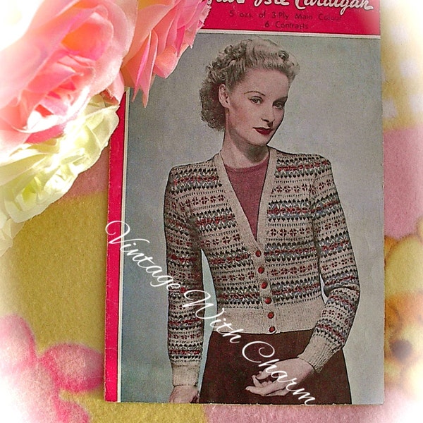 Vintage 40s Knitting Pattern Bestway 1491 Lady's Traditional Fair Isle Cardigan 36-38in. Bust