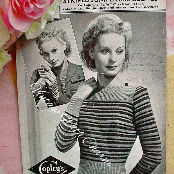 Vintage 40s Knitting Pattern Lady's Striped Jumper & Gloves. To Fit A 34-36" Bust.