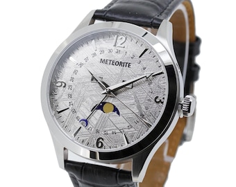 Reloj de meteorito / Plata / Meteorito Muonionalusta / Cuarzo Miyota 6P80 japonés / Fase lunar / Diámetro 40 mm x 47 mm / Acero inoxidable / MTW-026