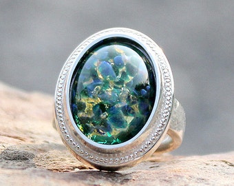 Rings Natural Vintage Glass Ring Dragon S Breath Opal Emerald Ring Sterling Silver Ring Emerald Color Ring Mexican Fire Opal Ring Gift Jewelry Jewelry