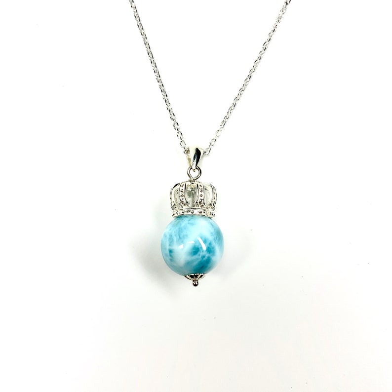 Gift Jewelry Sterling Silver Crown Design Anniversary Gifts Round 14mm Gemstone Love and Peace Larimar Silver Necklace SV925 Blue