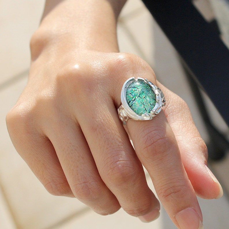 Natural Vintage Glass ring Mexican Fire Opal ring Green color Ring Dragon/'s Breath Opal ring Handmade Gift Jewelry Sterling Silver ring