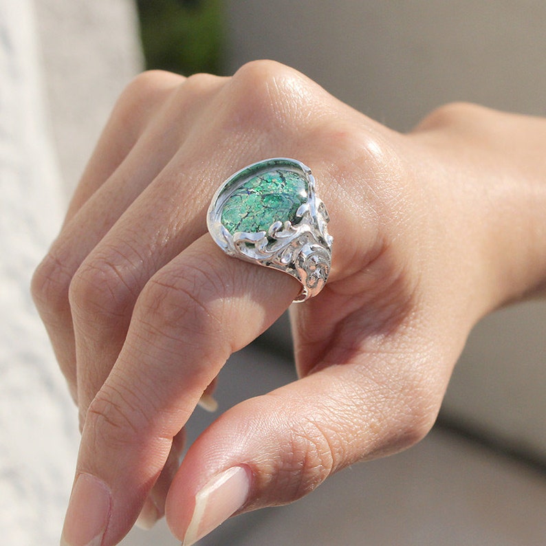 Natural Vintage Glass ring Mexican Fire Opal ring Green color Ring Dragon/'s Breath Opal ring Handmade Gift Jewelry Sterling Silver ring