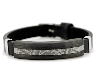 Meteorite Leather Bracelet / Muonionalusta Meteorite / Carbon Fiber / Leather / Width 11mm / Length 16cm-20cm / Unisex / Adjustable size