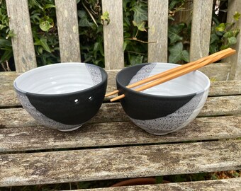 Ceramic Noodle Bowl / Handmade Pottery / Black & White