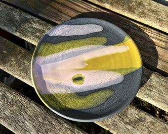 Ceramic Plate / Handmade Pottery / Black, Yellow & Pink