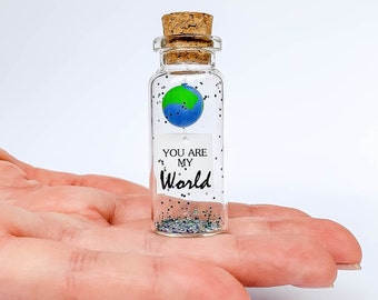 Valentine Cute Anniversary Gift for Girlfriend or Boyfriend, Husband or Wife You are my world Message in bottle Tiny earth Romantic Present