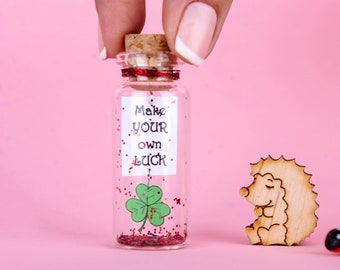 Inspirational Womens Gift, Personalized Gift for her, Good luck in new job, Make your own luck, Message in a bottle, 3 leaf clover, Shamrock