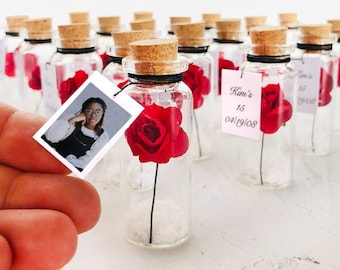 Quinceanera Photo Party Favors, Personalized Sweet 16 Favors in Bulk, Forever Red Rose in a Bottle, Custom Party Favors For Guests 10pcs