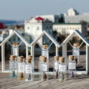 a group of small glass bottles with tiny houses in them