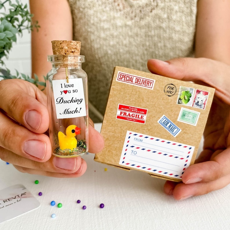 Personalized soulmate gift, Mini gift box with little duck for Anniversary, Miniature Rubber Duck, BFF Birthday Gift For Her Girlfriend Gift image 1