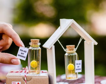 May include: Two clear glass bottles with cork stoppers, each containing a yellow sphere and gold glitter in liquid. One bottle hangs inside a white wooden house frame, while the other sits on a brown cardboard box labeled THIS SIDE UP.
