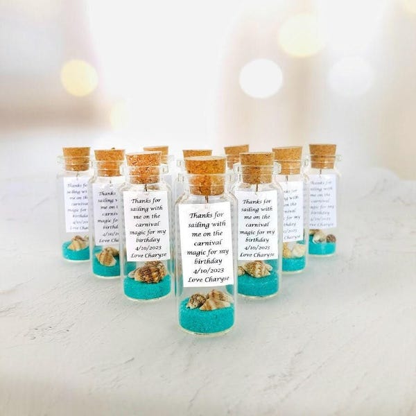 Carnival Cruise Party Favors, Beach in a bottle guest gifts, Personalized cruise party favors with Sand and Seashells, Save the date favors
