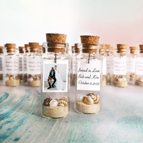 Wedding favors with photo, Set of 10 Message in a bottle favors for guests, Wedding anniversary party favors