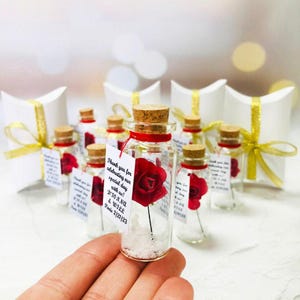 May include: A small clear glass bottle with a cork stopper containing a single red fabric rose and white granular material. A white rectangular tag tied with red string reads Thank you for celebrating our special day with us! D'IONNA & WILL Paris 2/21/23.