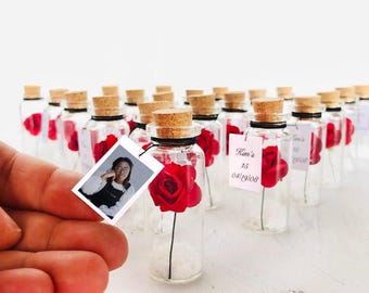 Quinceanera Photo Party Favors, Personalized Sweet 16 Favors in Bulk, Forever Red Rose in a Bottle, Custom Party Favors For Guests 10pcs