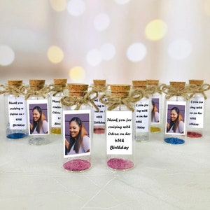 45th Birthday Favors with Photo, Customized souvenirs for guests, Personalized glitter in a bottle Guests Gifts, Save the date favors