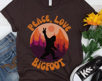 Peace Love Bigfoot Sunset Camping Outdoor Shirt, Sasquatch Funny Sarcastic Tee, Vintage Retro Tshirt, Camping Gifts, Squatch Gift Tee