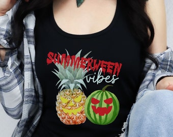 Spooky Summer Shirt Pineapple Watermelon with Jack o Lantern Face Goth Ghoul Summer Tank Summerween Vibes T-Shirt Hot Ghoul Summer Tee