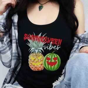 Spooky Summer Shirt Pineapple Watermelon with Jack o Lantern Face Goth Ghoul Summer Tank Summerween Vibes T-Shirt Hot Ghoul Summer Tee