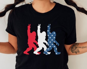 Funny Bigfoot Collage 4th of July Shirt Spooky Red White and Blue Fourth of Ghouly Summerween T-Shirt Independence Day Cryptid SasquatchTee