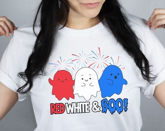 Funny 4th of July Shirt Women's Spooky July 4th Tee Red White and Blue Fourth of Ghouly Summerween T-Shirt Independence Day Red White Boo