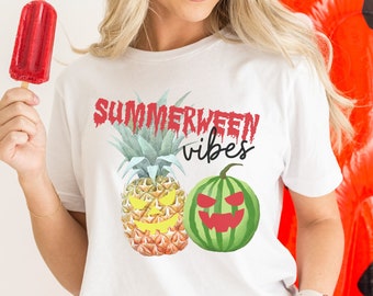 Spooky Summer Shirt Pineapple Watermelon with Jack o Lantern Face Goth Ghoul Summer Tshirt Summerween Vibes T-Shirt Hot Ghoul Summer Tee
