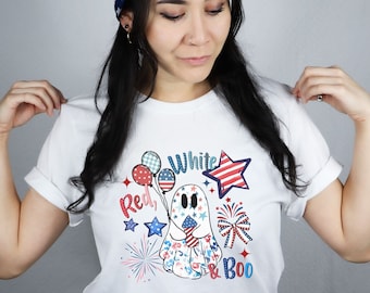 Funny 4th of July Ghost Shirt, Women's Spooky July 4th Red White and Blue July Fourth Summerween T-Shirt, Independence Day Cute Summer Ghost