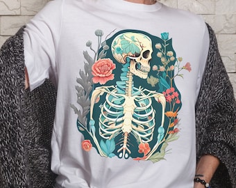 Camiseta Goblincore, ropa Whimsigoth, bonita camiseta floral de esqueleto, camiseta botánica espeluznante, regalo gótico, camiseta de calavera Cottagecore, camiseta de calavera Bloom