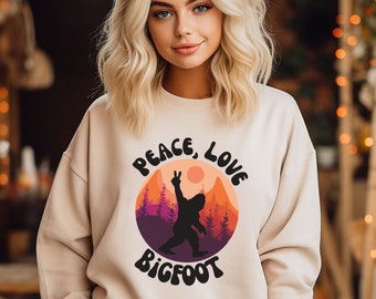 Peace Love Bigfoot Sweatshirt Sunset Camping Outdoor Shirt Sasquatch Funny Sarcastic Tee Vintage Retro Tshirt Squatch Tee Big Foot Mountain