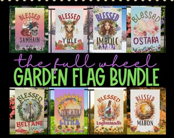 Lot de 8 drapeaux de jardin Roue de l'année sabbats, décoration de jardin à bannières de sorcellerie, décorations de maison sorcière païenne, enseignes de maison de sorcière, drapeaux wicca