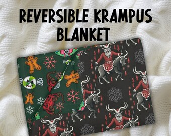 Reversible Krampus Spooky Christmas Blanket Goth Holiday Throw Blanket Krampusnacht Velveteen Minky Two Sided Blanket Pagan Creepmas Decor
