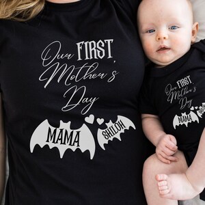 Custom New Mom Shirt Mommy and Me Tee Goth Mom Passende Shirts Bat Mom Spooky Muttertag Passende T-Shirts Unsere ersten Muttertag TShirts
