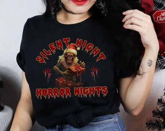 Koszula z ubraniami w stylu gotyckim Creepmas, upiorna świąteczna koszulka, gotycka świąteczna koszulka z motywem horroru, koszulka świąteczna z motywem zombie i Mikołaja, upiorna świąteczna koszulka ze szkieletem