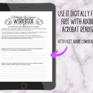 K&ouml;nnte beinhalten: Ein digitales Arbeitsbuch mit dem Titel "Celebrate the Season Workbook" auf hellblauem Hintergrund und einer Grafik mit zwei roten &Auml;pfeln mit gr&uuml;nen Bl&auml;ttern. Das Arbeitsbuch enth&auml;lt Aufforderungen zur Reflexion und zum Journaling &uuml;ber die Jahreszeit Mabon. Der Text "USE IT DIGITALLY FOR FREE WITH ADOBE ACROBAT READER" wird in einem rosa Kasten in der oberen rechten Ecke der Seite angezeigt. Der Text "HTTP://GET.ADOBE.COM/READER/" wird unter dem rosa Kasten angezeigt.