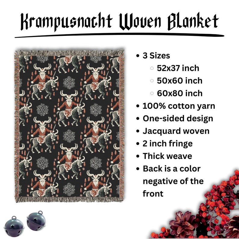 Krampus Woven Blanket, Spooky Cheepmas Krampus Decor, Scandinavian Folk Horror Tapestry Throw, Krampusnacht Gift, Bohemian Winter Solstice image 2