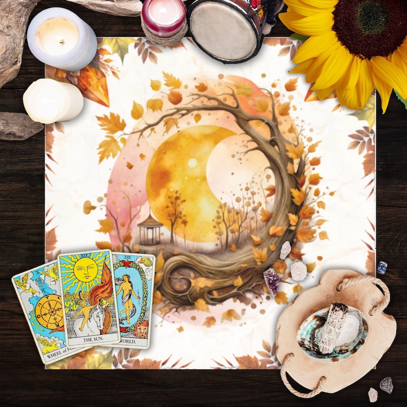 Watercolor Mabon Altar Cloth Witchcraft Tarot Cloth Witchy Aesthetic Moon Pagan Decor Fall Equinox Witch Decorations Sacred Space Covering image 1