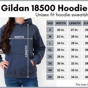 May include: A size chart for a Gildan 18500 hoodie sweatshirt. The chart shows the width, length, and sleeve length in inches for sizes S through 5X.